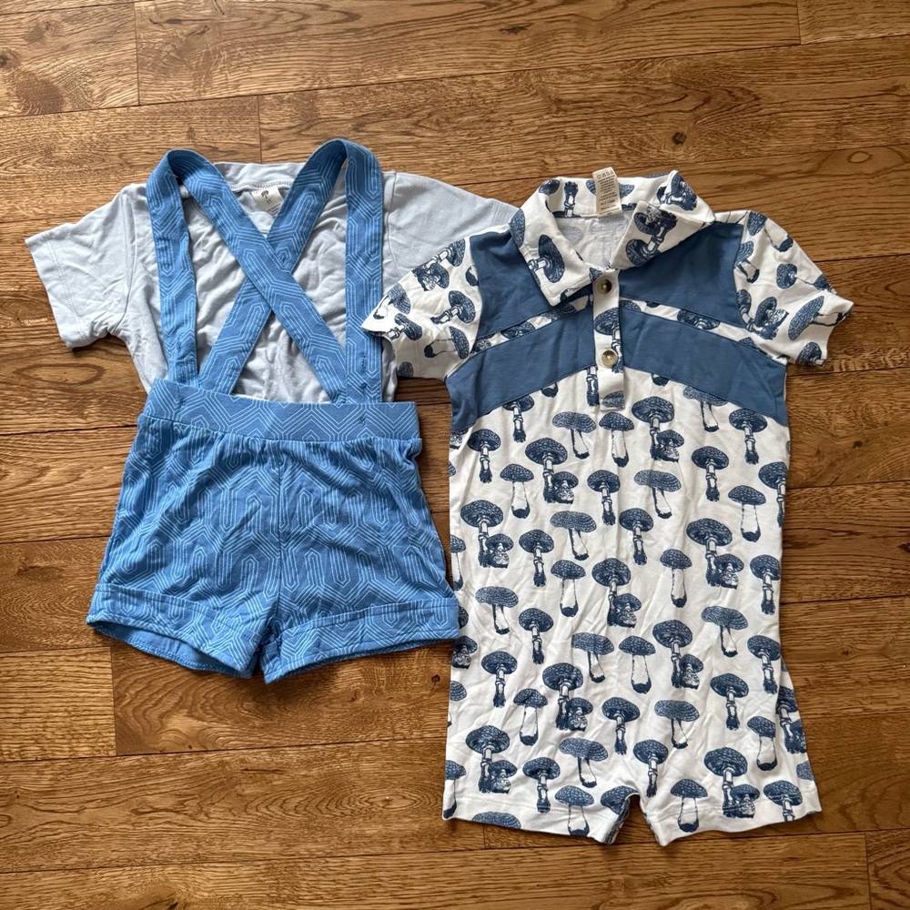 kate quinn Bamboo Blue 2T Toddler Boy Outfits Mushrooms Deco Suspenders Overalls
